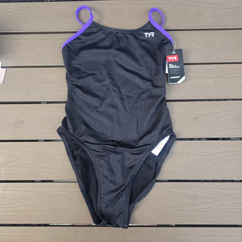 TYR Durafast Elite Women's Hexa Cutoutfit Black/purple One Piece Swim Sz 28 New